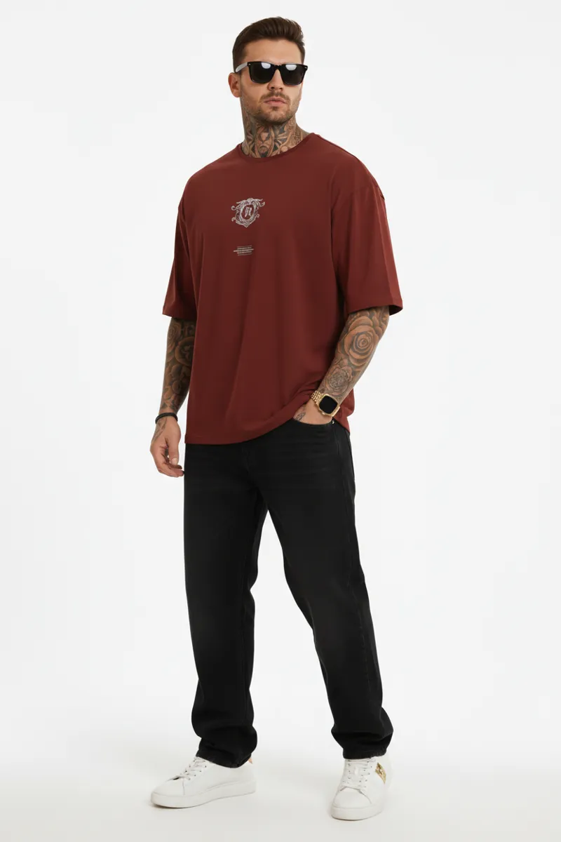 US VESTA Men's Maroon Oversized Graphic T Shirt 100% Cotton Premium Loose Fit Streetwear Casual Printed Tee for Men (M-XXL)s
