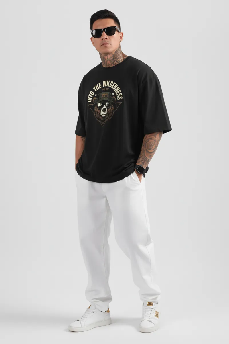 US VESTA Men's Black Oversized Graphic T Shirt 100% Cotton Premium Loose Fit Bear Print Streetwear Casual Printed Tee for Men (M-XXL)s