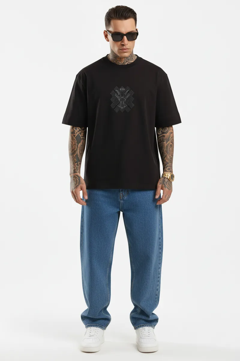 US VESTA Men's Black Oversized Graphic T Shirt 100% Cotton Premium Loose Fit Streetwear Casual Printed Tee for Men (M-XXL)