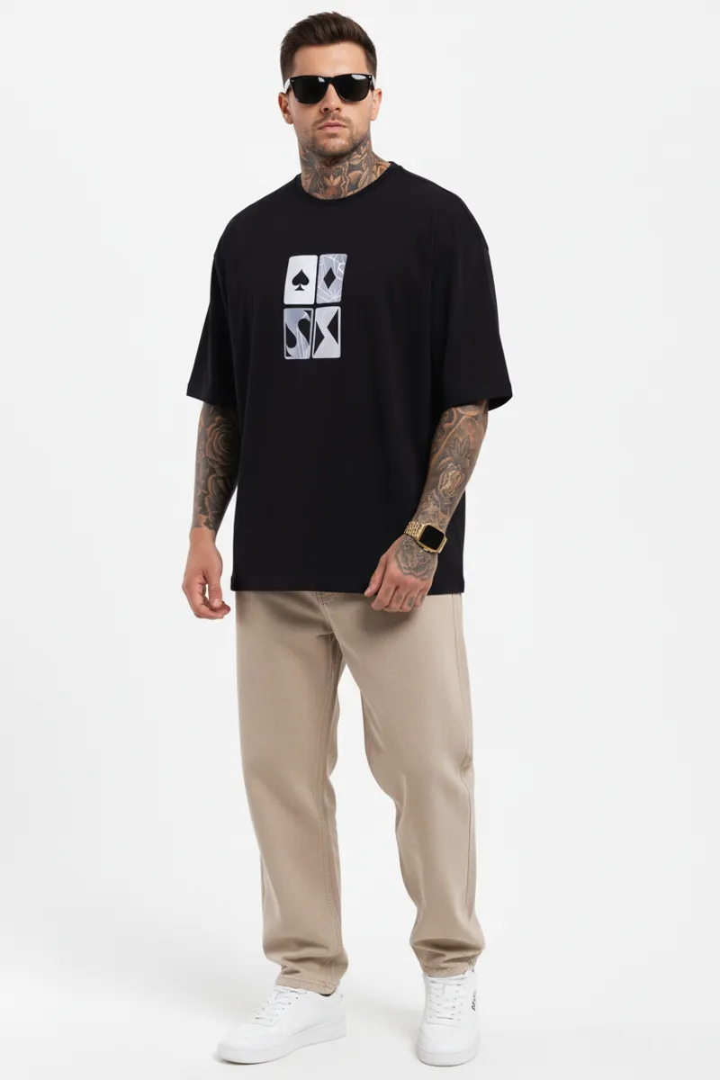 US VESTA Men's Black Oversized Graphic T Shirt 100% Cotton Premium Loose Fit Playing Card Print Streetwear Casual Printed Tee for Men (M-XXL)