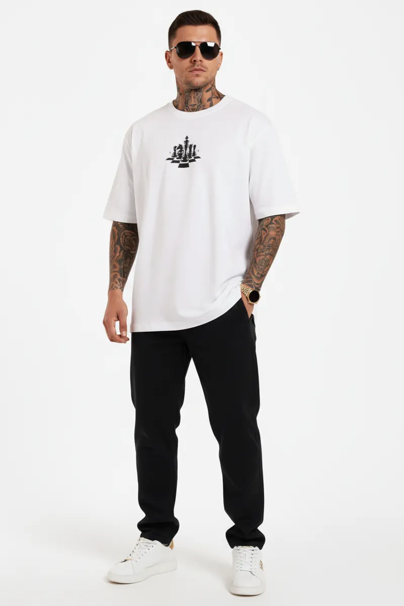 US VESTA Men’s Oversized Cotton T-Shirt – Chess Graphic Print – 100% Cotton Casual Streetwear Tee (M-XXL)s